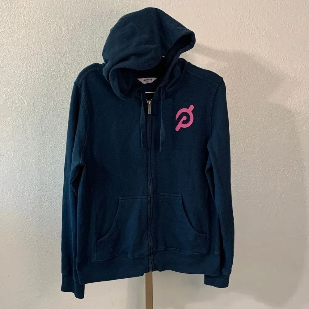 Peloton- Navy zip up hoodie Jacket with Pink Logo- womens large